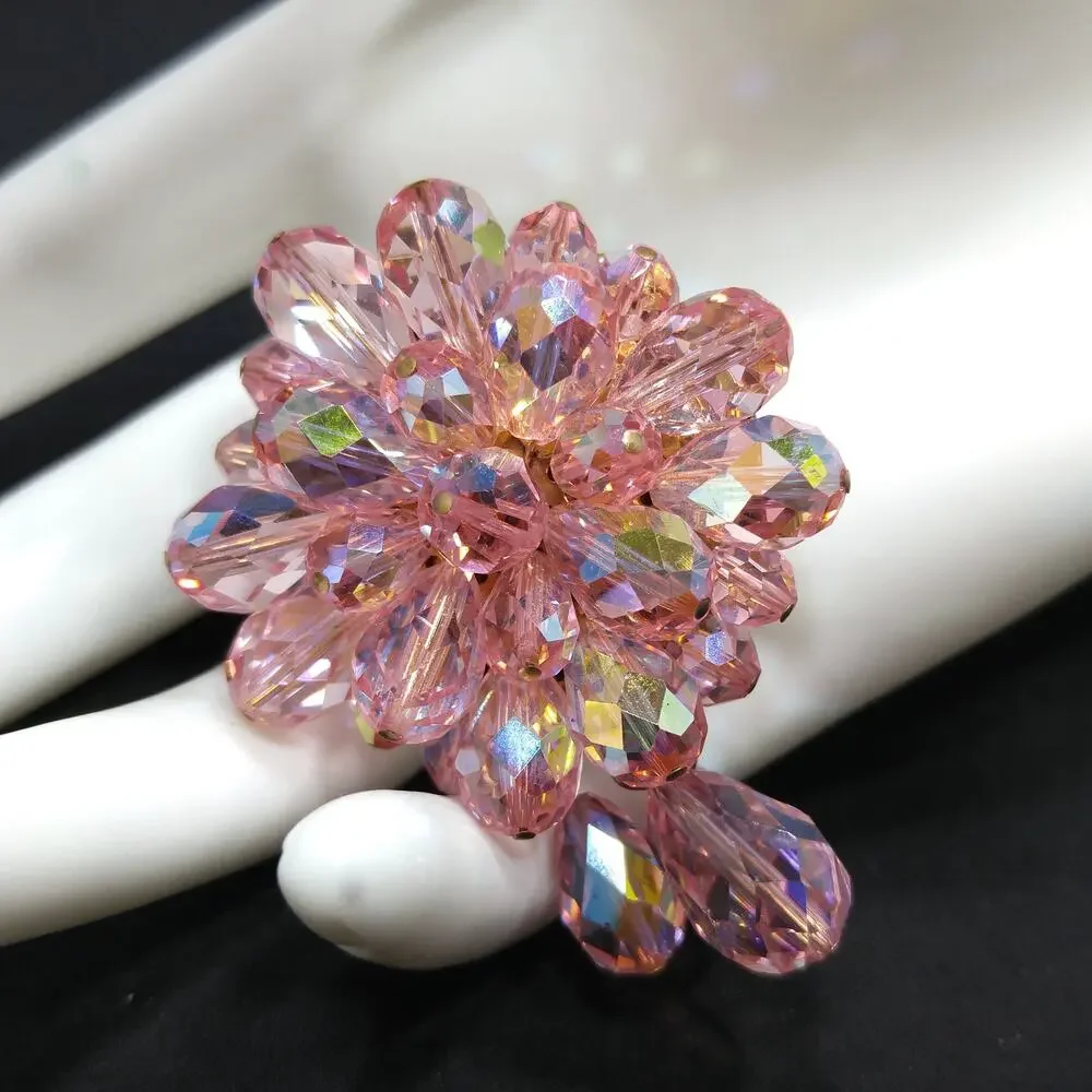 Pink Aurora Borealis Beaded Brooch, Three Bead Dangles, 1960s Vintage Jewelry